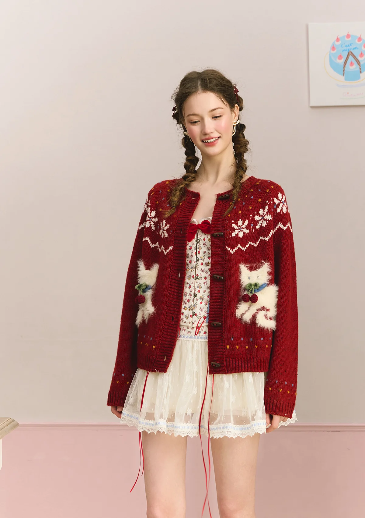 Berry Cream Kitty Knit Cardigan